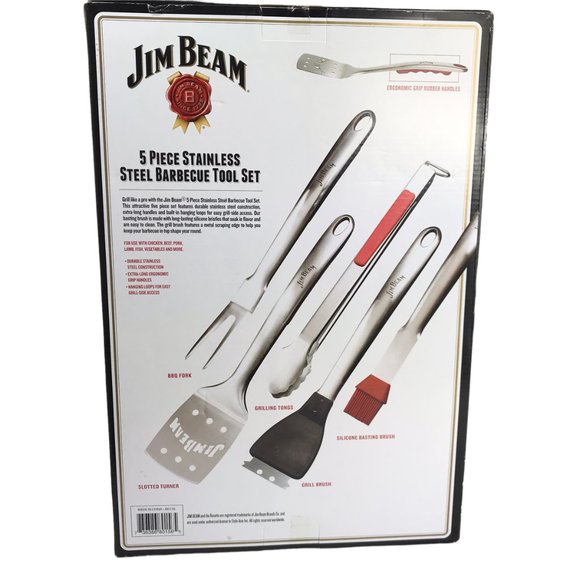 New NWT in Box JIM BEAM 5 Piece Stainless Steel Barbecue BBQ Tool Set.  Spatula - Picture 2 of 13